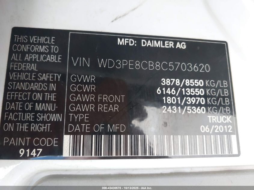 2012 Mercedes-Benz Sprinter 2500 High Roof VIN: WD3PE8CB8C5703620 Lot: 43430578