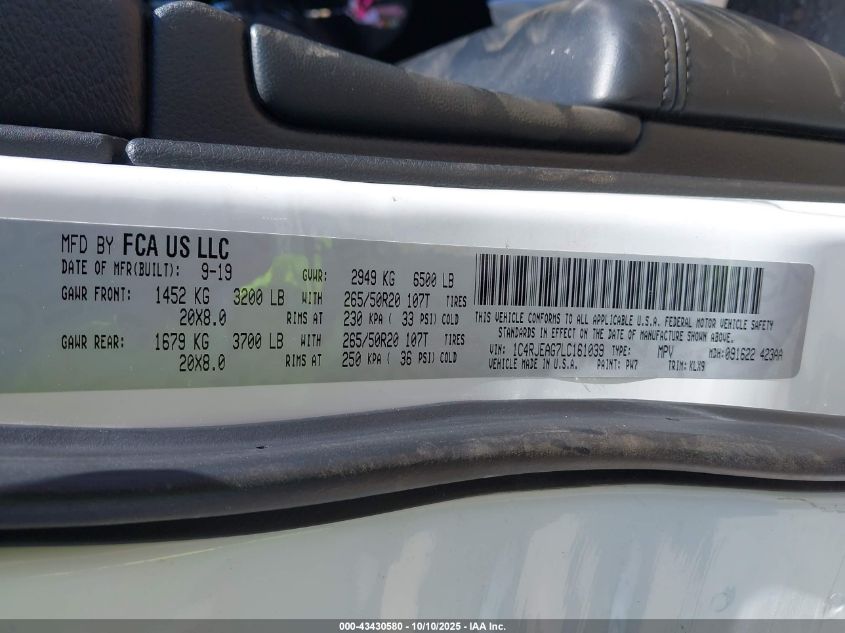 2020 Jeep Grand Cherokee Altitude 4X2 VIN: 1C4RJEAG7LC161039 Lot: 43430580