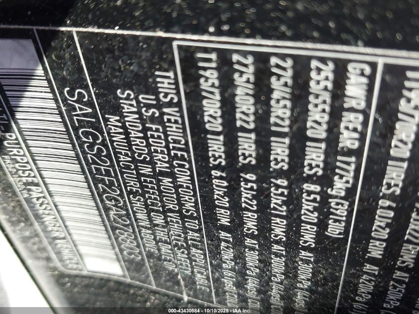 2016 Land Rover Range Rover 5.0L V8 Supercharged VIN: SALGS2EF2GA278803 Lot: 43430584