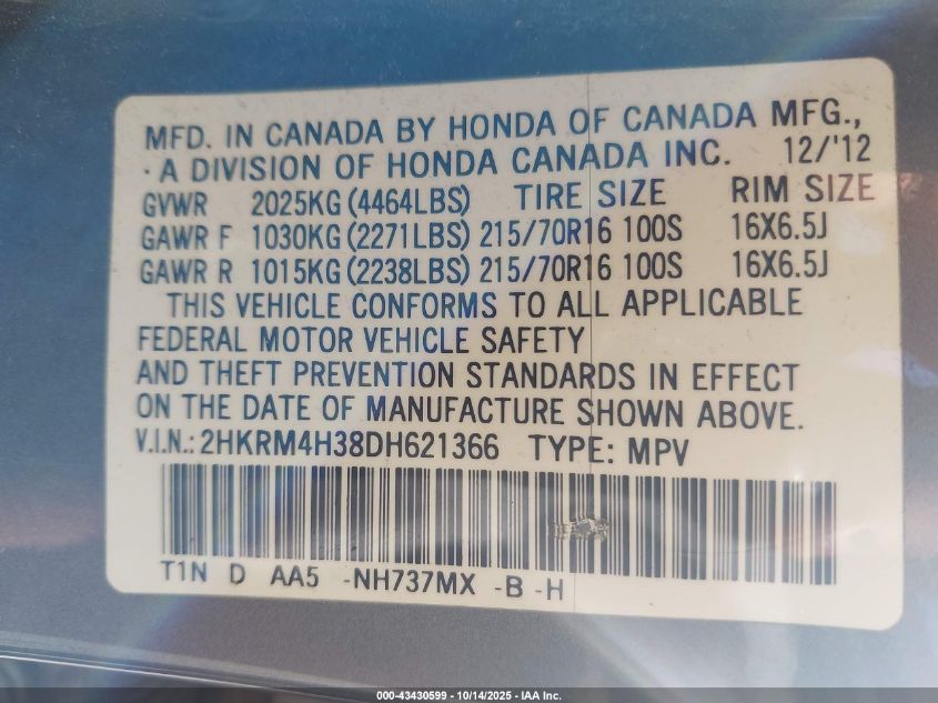 2013 Honda Cr-V Lx VIN: 2HKRM4H38DH621366 Lot: 43430599