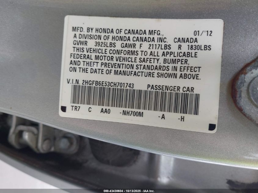 2012 Honda Civic Si VIN: 2HGFB6E53CH701743 Lot: 43430604