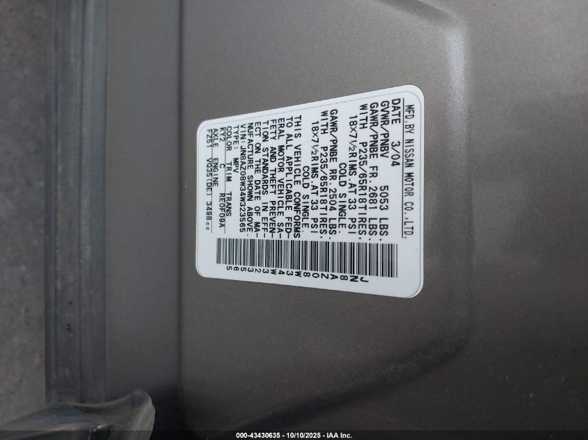 2004 Nissan Murano Sl VIN: JN8AZ08W34W323565 Lot: 43430635