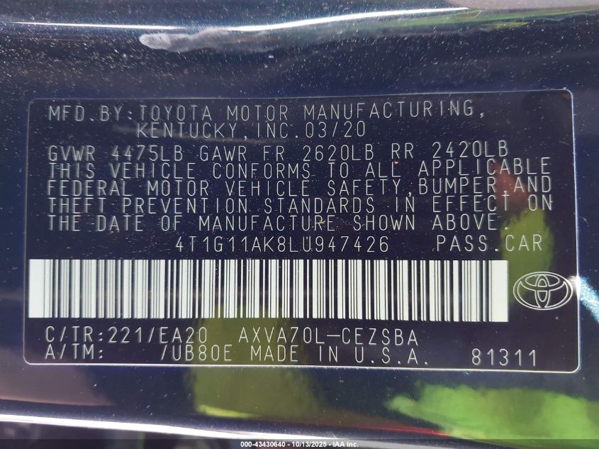 2020 Toyota Camry Se VIN: 4T1G11AK8LU947426 Lot: 43430640
