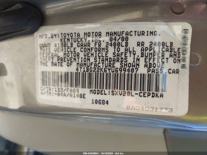 2000 Toyota Camry Ce/Le/Xle VIN: 4T1BG22K6YU699407 Lot: 43430641