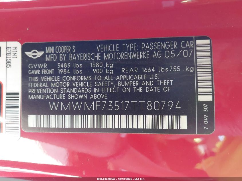 2007 Mini Cooper S VIN: WMWMF73517TT80794 Lot: 43430642