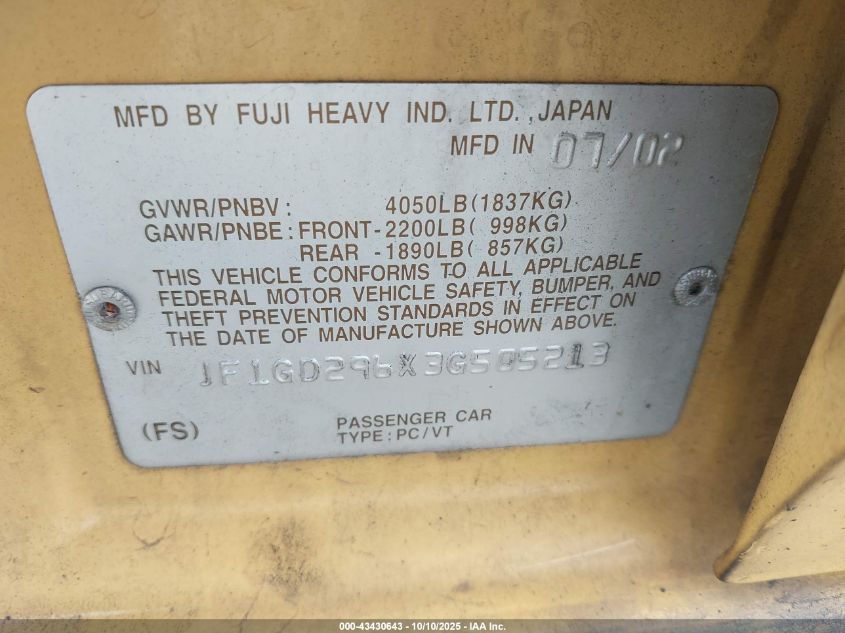 2003 Subaru Impreza Wrx VIN: JF1GD296X3G505213 Lot: 43430643