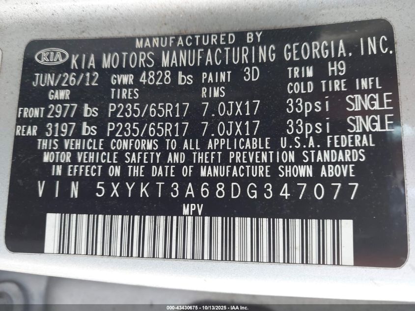2013 Kia Sorento Lx VIN: 5XYKT3A68DG347077 Lot: 43430675