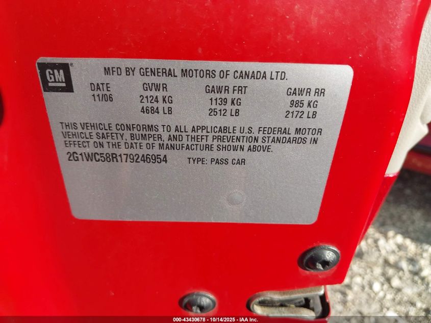 2007 Chevrolet Impala Lt VIN: 2G1WC58R179246954 Lot: 43430678