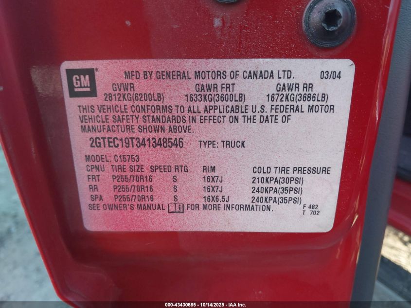 2004 GMC Sierra 1500 Sle VIN: 2GTEC19T341348546 Lot: 43430685