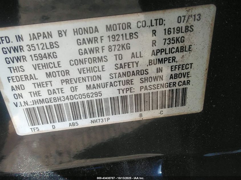 2013 Honda Fit VIN: JHMGE8H34DC056295 Lot: 43430707