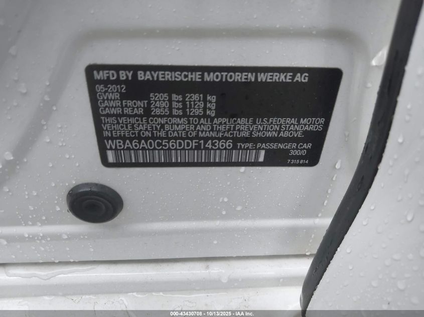2013 BMW 640I Gran Coupe VIN: WBA6A0C56DDF14366 Lot: 43430708
