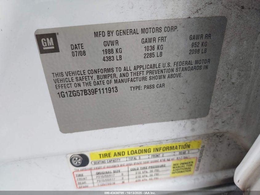 2009 Chevrolet Malibu Ls VIN: 1G1ZG57B39F111913 Lot: 43430709