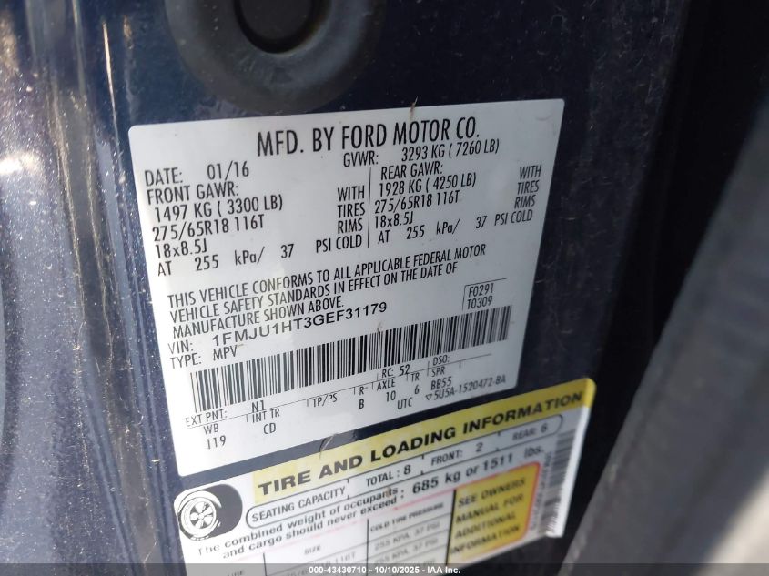 2016 Ford Expedition Xlt VIN: 1FMJU1HT3GEF31179 Lot: 43430710