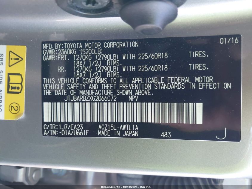 2016 Lexus Nx 200T VIN: JTJBARBZXG2066072 Lot: 43430718