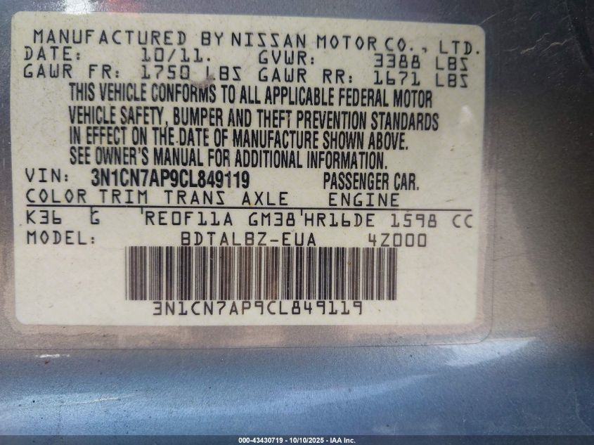 2012 Nissan Versa 1.6 Sv VIN: 3N1CN7AP9CL849119 Lot: 43430719