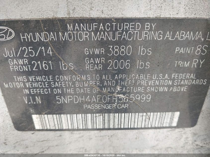 2015 Hyundai Elantra Limited VIN: 5NPDH4AE0FH565999 Lot: 43430735