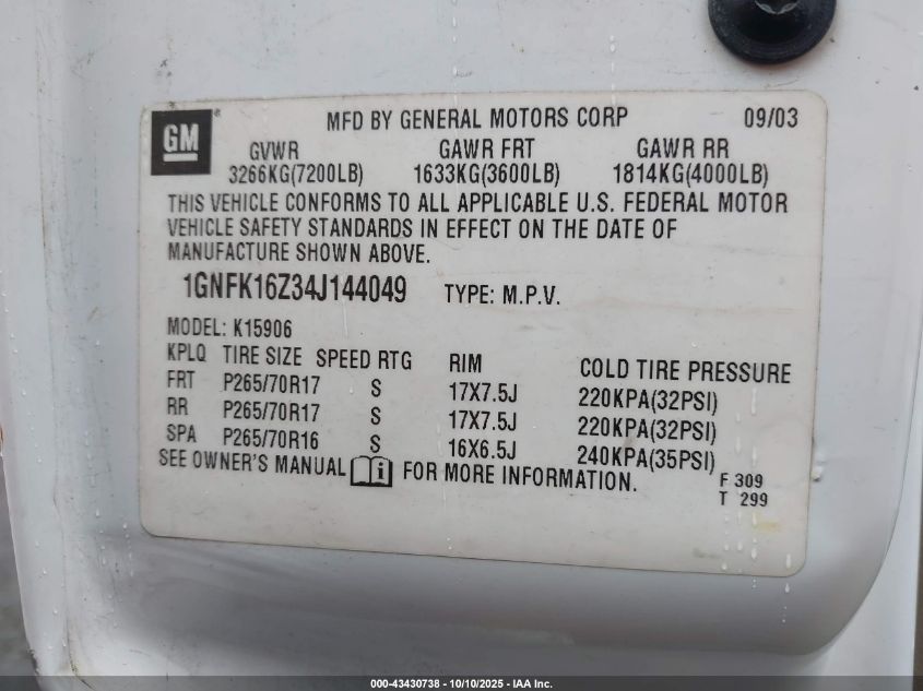 2004 Chevrolet Suburban 1500 Lt VIN: 1GNFK16Z34J144049 Lot: 43430738