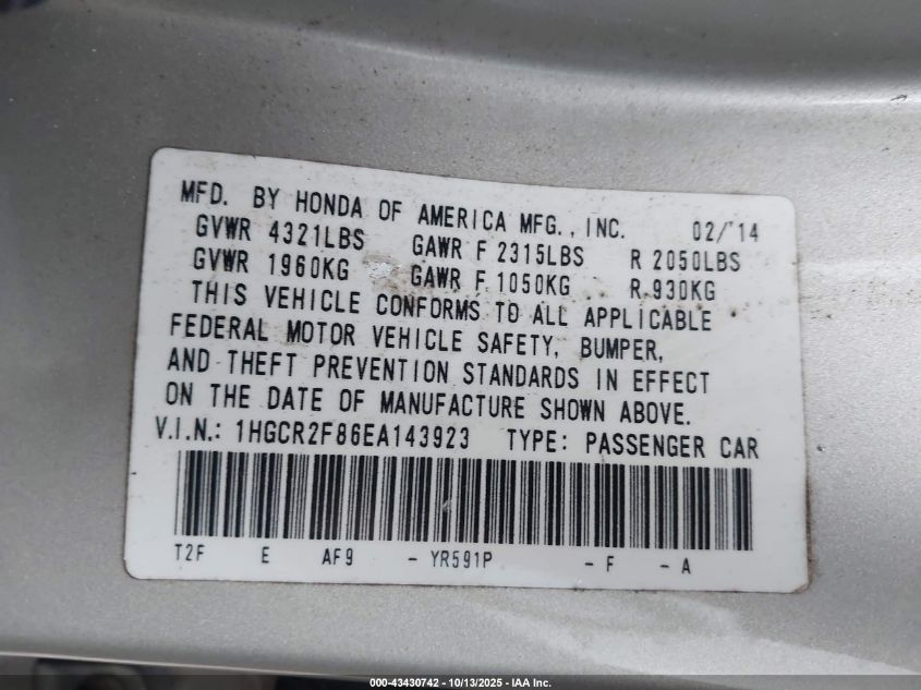 2014 Honda Accord Ex-L VIN: 1HGCR2F86EA143923 Lot: 43430742