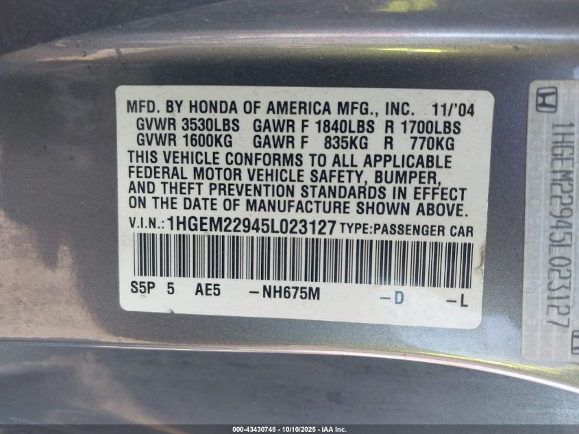 2005 Honda Civic Ex VIN: 1HGEM22945L023127 Lot: 43430748