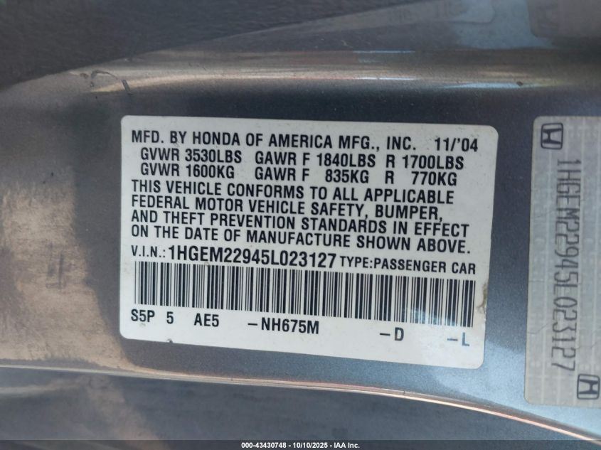 2005 Honda Civic Ex VIN: 1HGEM22945L023127 Lot: 43430748