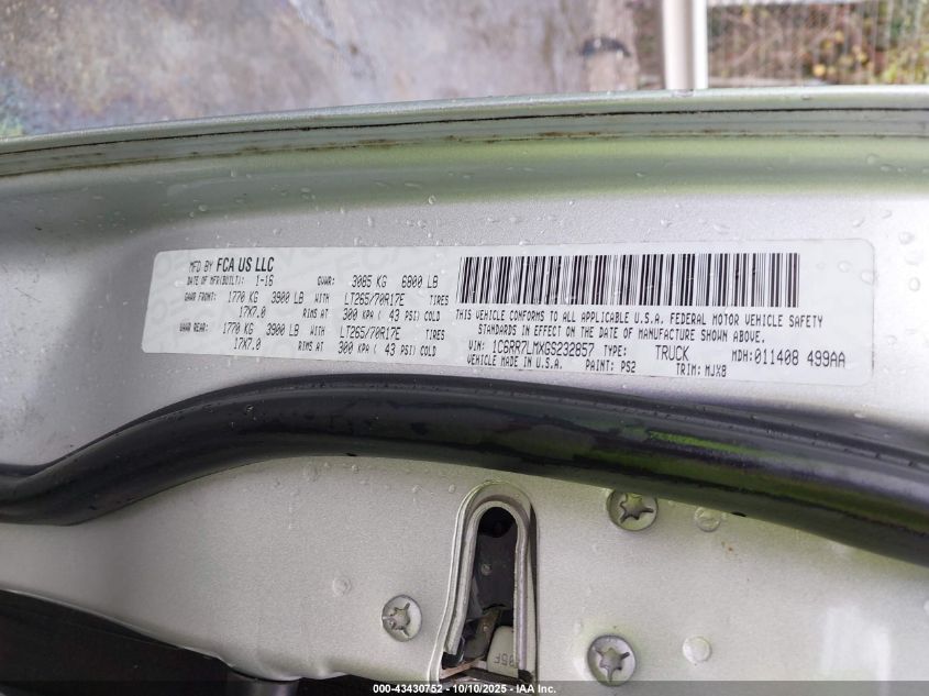 2016 Ram 1500 Outdoorsman VIN: 1C6RR7LMXGS232857 Lot: 43430752