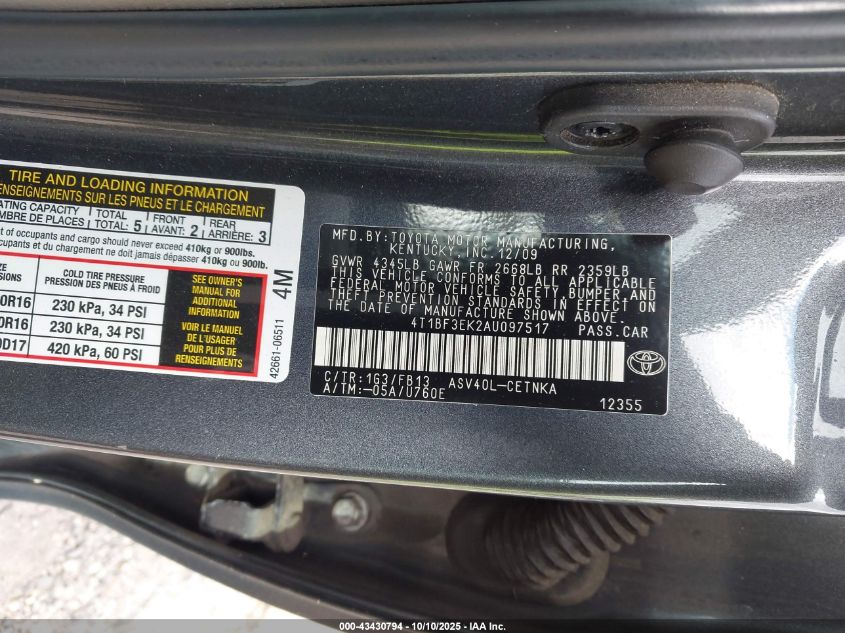 2010 Toyota Camry Le VIN: 4T1BF3EK2AU097517 Lot: 43430794