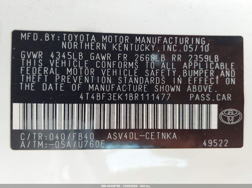 2011 Toyota Camry Le VIN: 4T4BF3EK1BR111477 Lot: 43430798