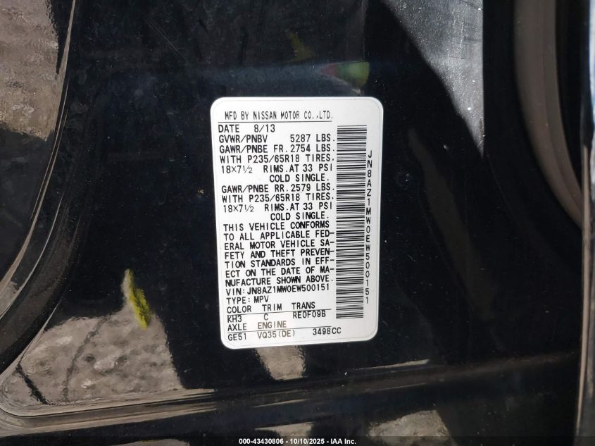 2014 Nissan Murano S VIN: JN8AZ1MW0EW500151 Lot: 43430806