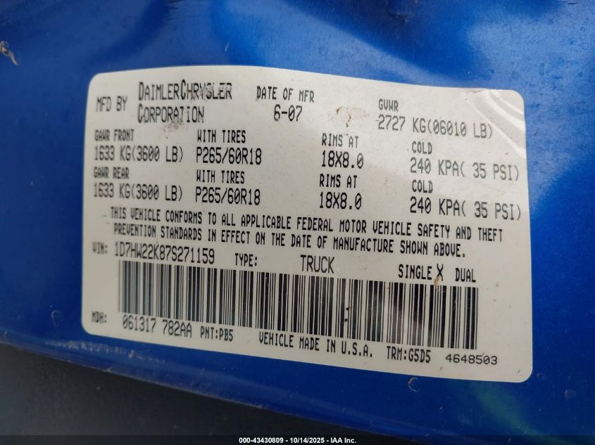 2007 Dodge Dakota St VIN: 1D7HW22K87S271159 Lot: 43430809