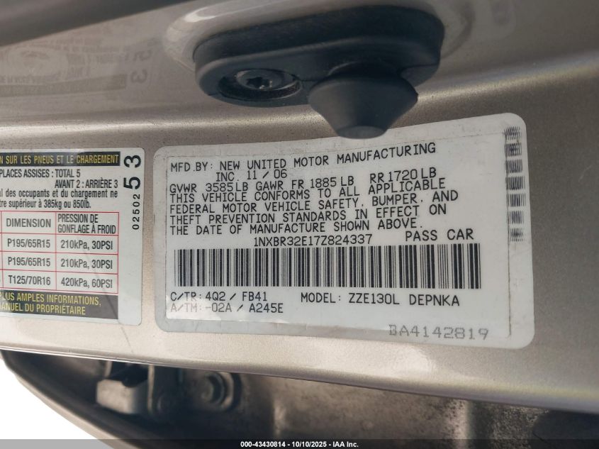 2007 Toyota Corolla Le VIN: 1NXBR32E17Z824337 Lot: 43430814