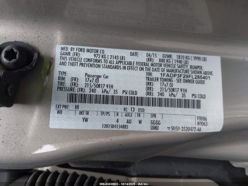 2015 Ford Focus Se VIN: 1FADP3F29FL285401 Lot: 43430822