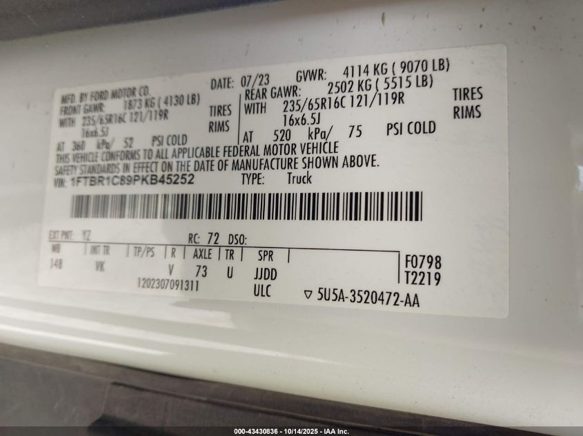 2023 Ford Transit-250 VIN: 1FTBR1C89PKB45252 Lot: 43430836