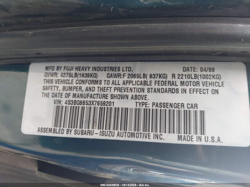 1999 Subaru Legacy 30Th Ann. Outback Ltd./Outback VIN: 4S3BG6853X7659201 Lot: 43430838