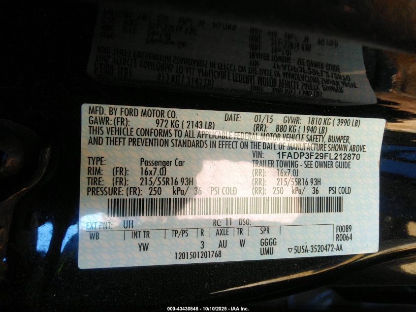 2015 Ford Focus Se VIN: 1FADP3F29FL212870 Lot: 43430848