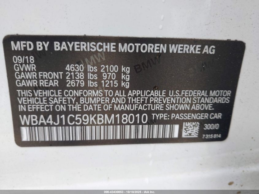 2019 BMW 430I Gran Coupe VIN: WBA4J1C59KBM18010 Lot: 43430853