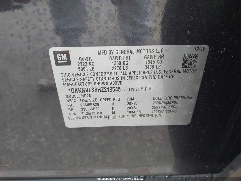 2017 GMC Acadia Slt-1 VIN: 1GKKNVLS6HZ219545 Lot: 43430869