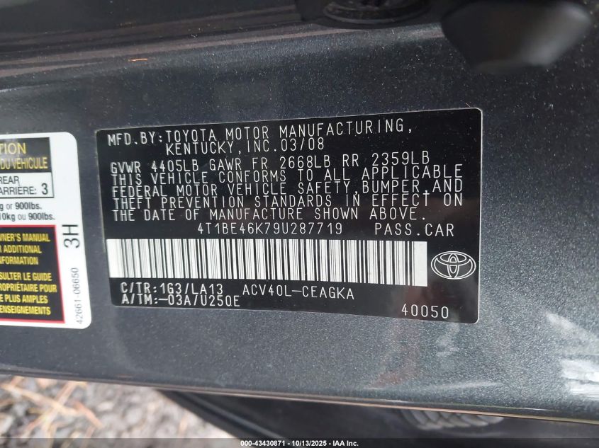 2009 Toyota Camry Xle VIN: 4T1BE46K79U287719 Lot: 43430871