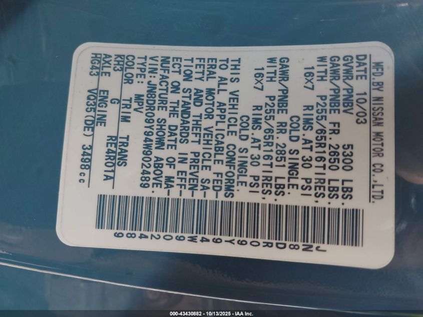 2004 Nissan Pathfinder Se VIN: JN8DR09Y94W902489 Lot: 43430882