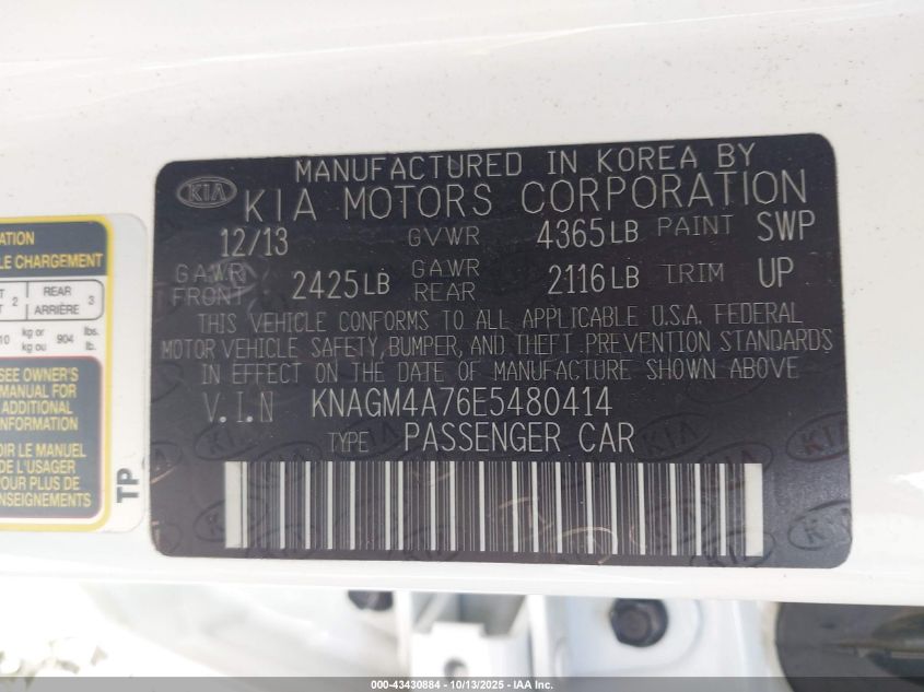 2014 Kia Optima Lx VIN: KNAGM4A76E5480414 Lot: 43430884
