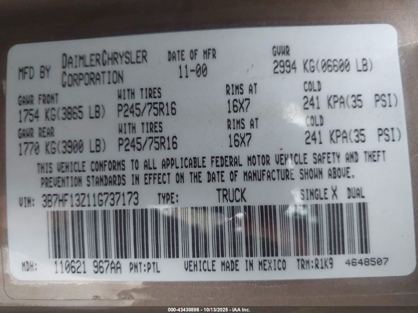 2001 Dodge Ram 1500 St VIN: 3B7HF13Z11G737173 Lot: 43430886