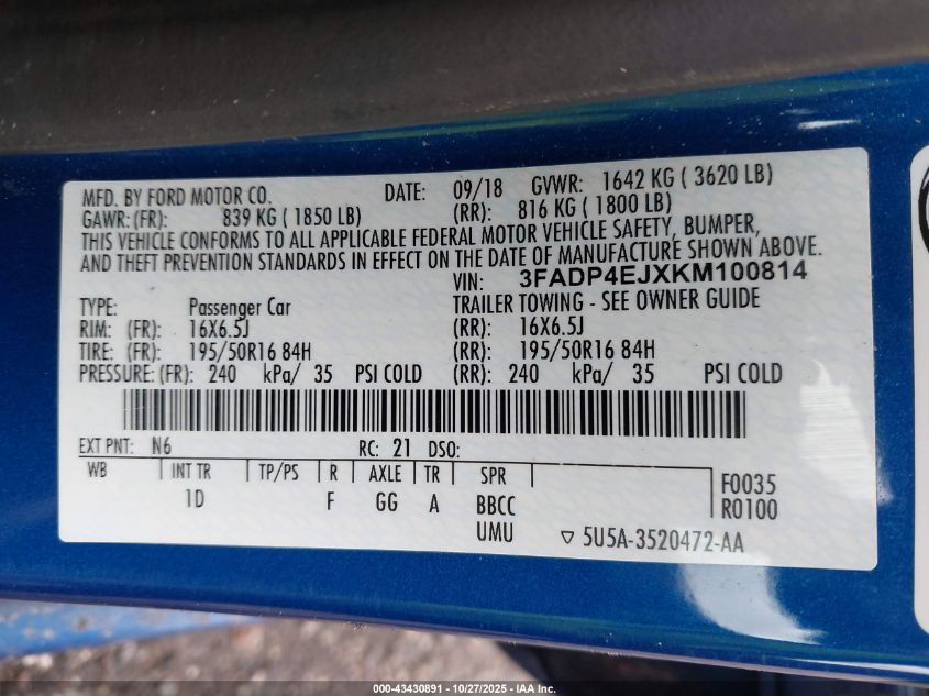 2019 Ford Fiesta Se VIN: 3FADP4EJXKM100814 Lot: 43430891