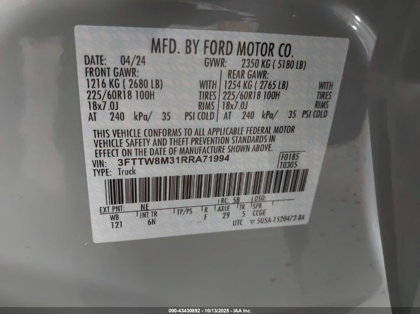 2024 Ford Maverick Lariat VIN: 3FTTW8M31RRA71994 Lot: 43430892