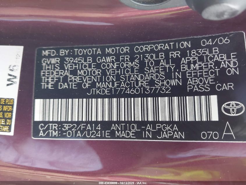 2006 Scion Tc VIN: JTKDE177460137732 Lot: 43430899