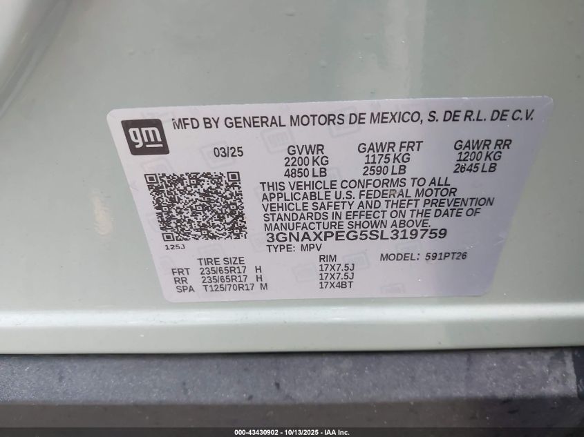 2025 Chevrolet Equinox Awd Lt VIN: 3GNAXPEG5SL319759 Lot: 43430902
