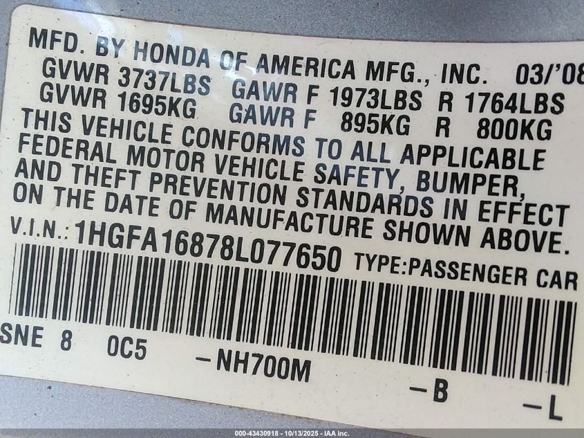 2008 Honda Civic Ex VIN: 1HGFA16878L077650 Lot: 43430918