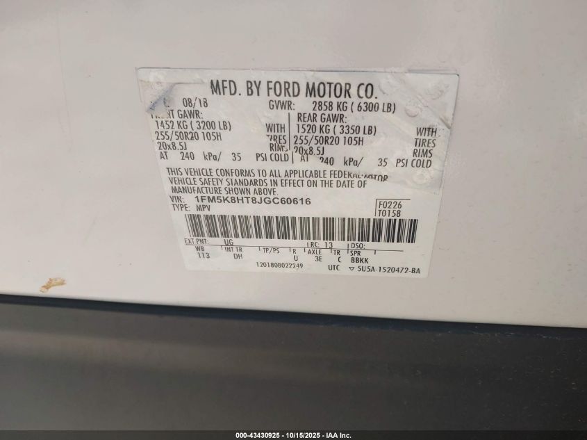 2018 Ford Explorer Platinum VIN: 1FM5K8HT8JGC60616 Lot: 43430925