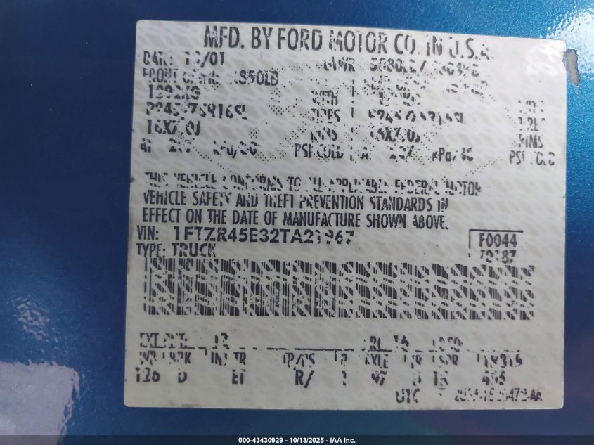 2002 Ford Ranger Edge/Xlt VIN: 1FTZR45E32TA21967 Lot: 43430929