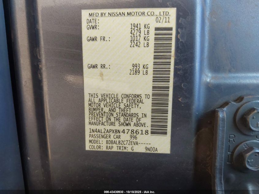 2011 Nissan Altima 2.5 S VIN: 1N4AL2APXBN478618 Lot: 43430930