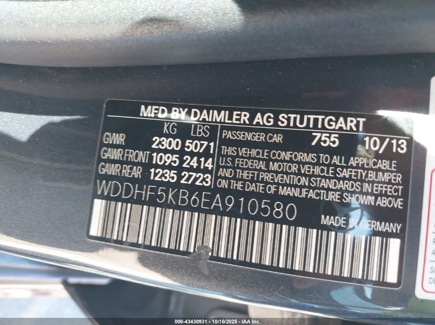 2014 Mercedes-Benz E 350 VIN: WDDHF5KB6EA910580 Lot: 43430931