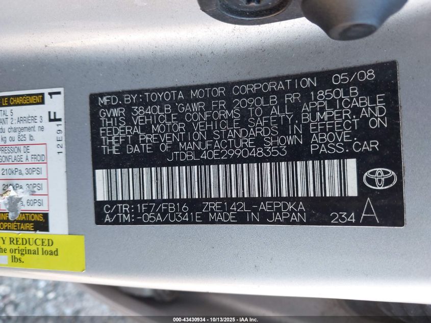 2009 Toyota Corolla Le VIN: JTDBL40E299048353 Lot: 43430934